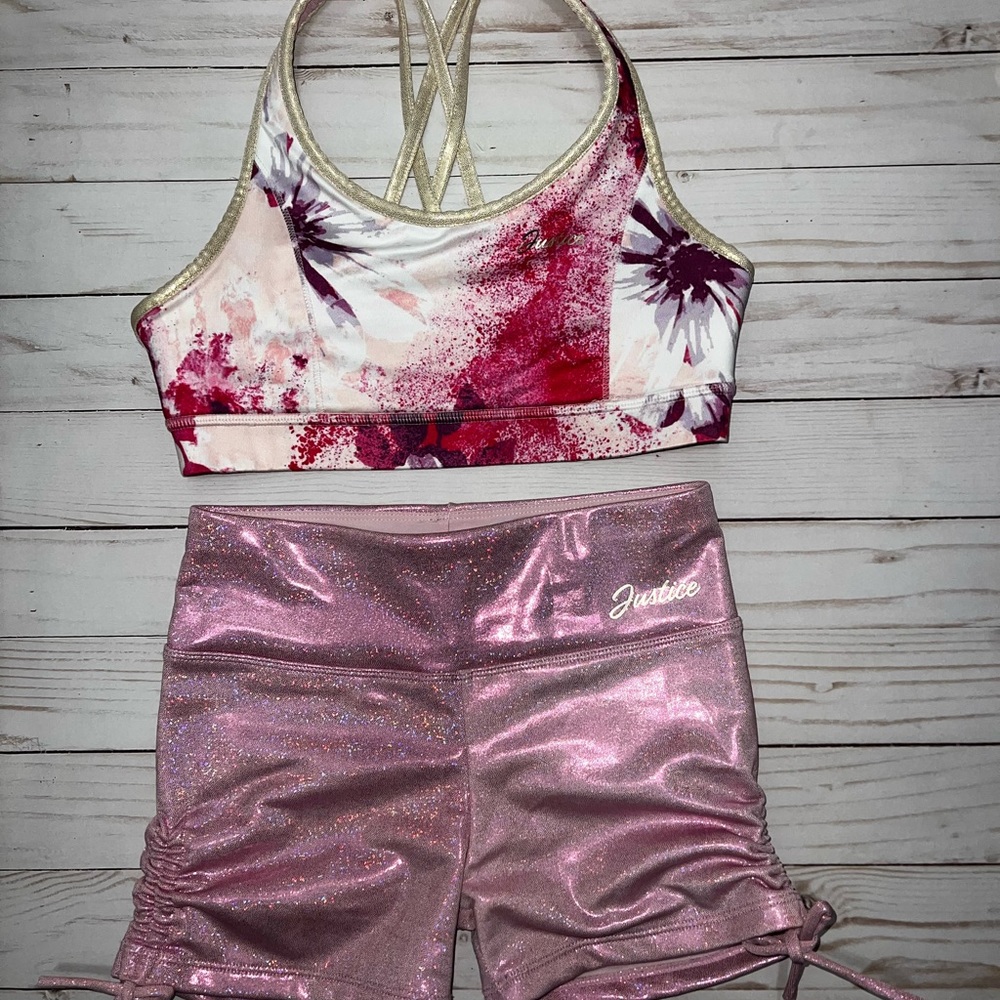 Justice Pink and Red Floral Leotard Activewear Set (Reversible)